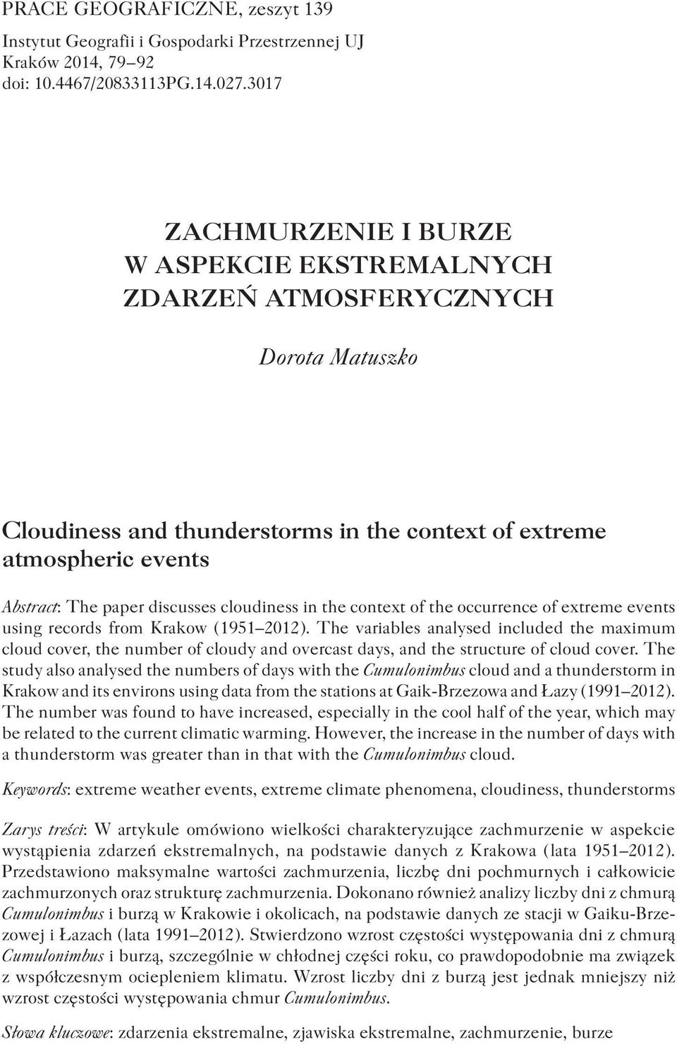 cloudiness in the context of the occurrence of extreme events using records from Krakow ( 1951 2012 ).