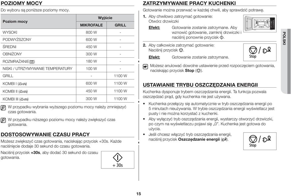 PRACY KUCHENKI Gotowanie można przerwać w każdej chwili, aby sprawdzić potrawę. 1. Aby chwilowo zatrzymać gotowanie: Otwórz drzwiczki Efekt: Gotowanie zostanie zatrzymane.