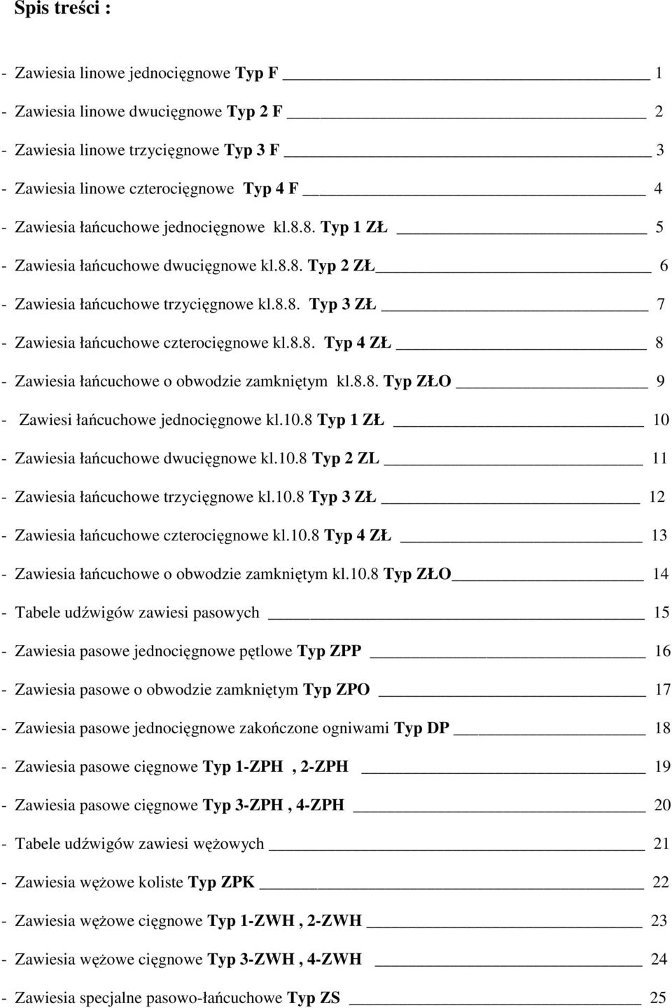 8.8. Typ ZŁO 9 - Zawiesi łańcuchowe jednocięgnowe kl.10.8 Typ 1 ZŁ 10 - Zawiesia łańcuchowe dwucięgnowe kl.10.8 Typ 2 ZL 11 - Zawiesia łańcuchowe trzycięgnowe kl.10.8 Typ 3 ZŁ 12 - Zawiesia łańcuchowe czterocięgnowe kl.