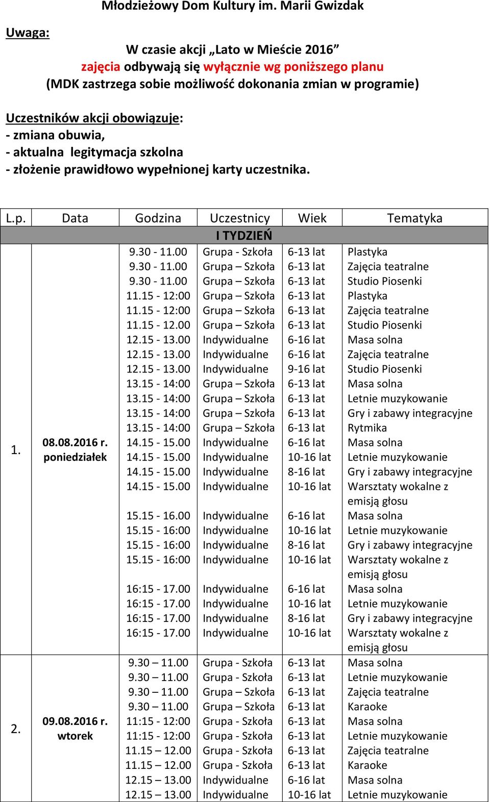 zastrzega sobie możliwość dokonania zmian w programie) Uczestników akcji obowiązuje: - zmiana obuwia, - aktualna