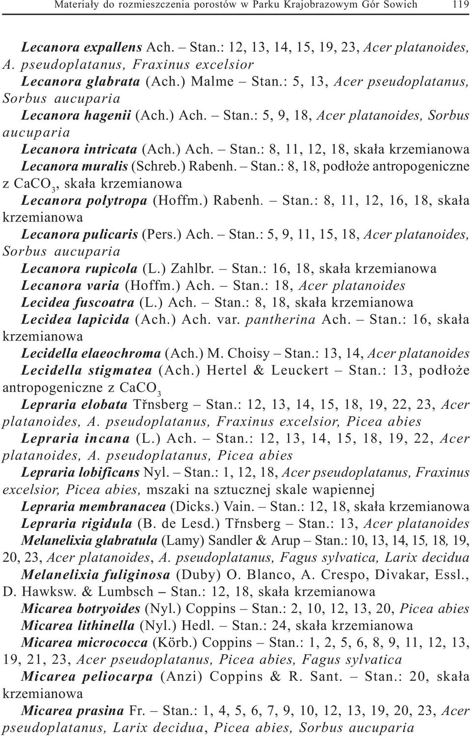 ) Ach. Stan.: 8, 11, 12, 18, ska³a krzemianowa Lecanora muralis (Schreb.) Rabenh. Stan.: 8, 18, pod³o e antropogeniczne z CaCO 3, ska³a krzemianowa Lecanora polytropa (Hoffm.) Rabenh. Stan.: 8, 11, 12, 16, 18, ska³a krzemianowa Lecanora pulicaris (Pers.
