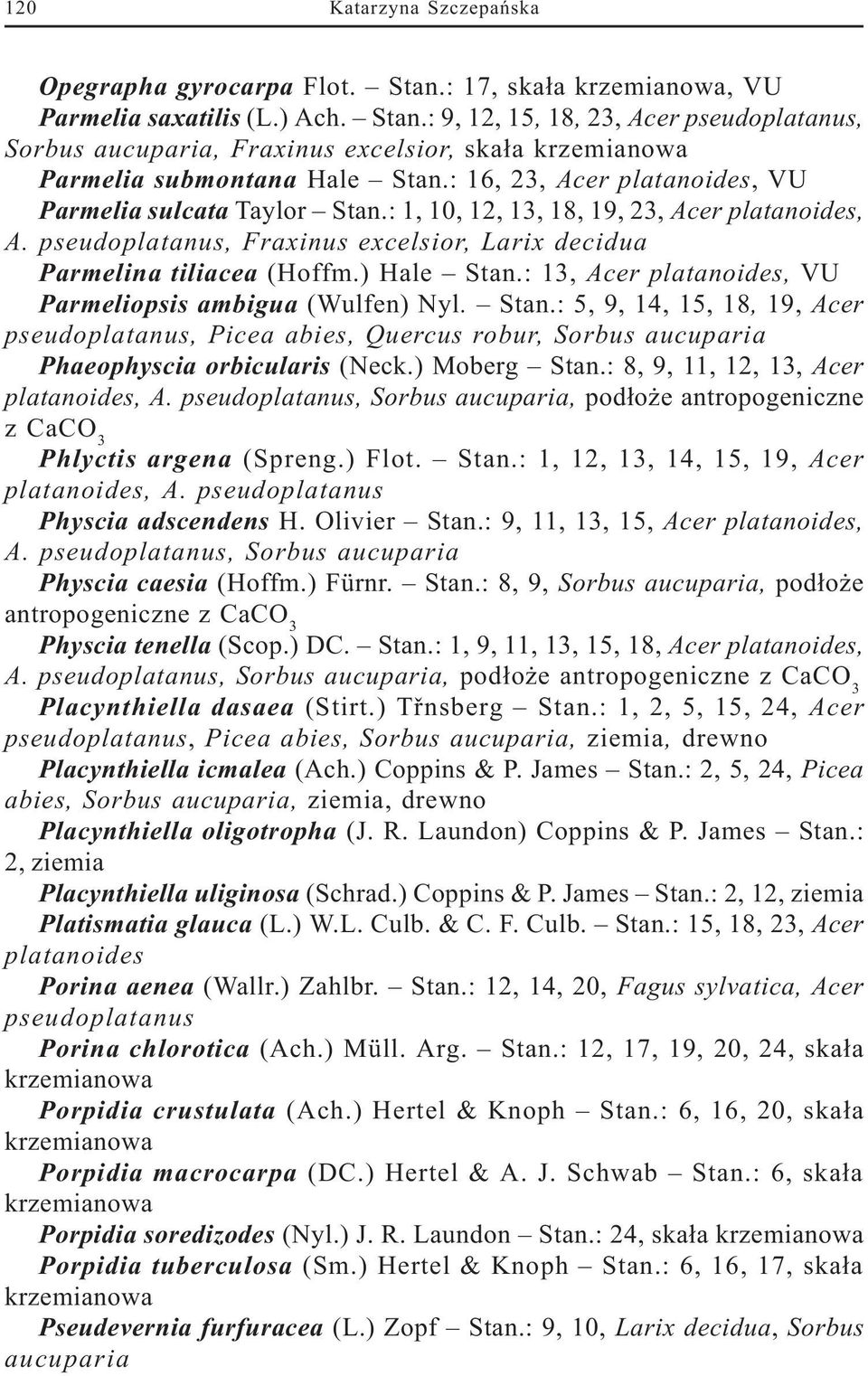 : 13, Acer platanoides, VU Parmeliopsis ambigua (Wulfen) Nyl. Stan.: 5, 9, 14, 15, 18, 19, Acer pseudoplatanus, Picea abies, Quercus robur, Sorbus aucuparia Phaeophyscia orbicularis (Neck.