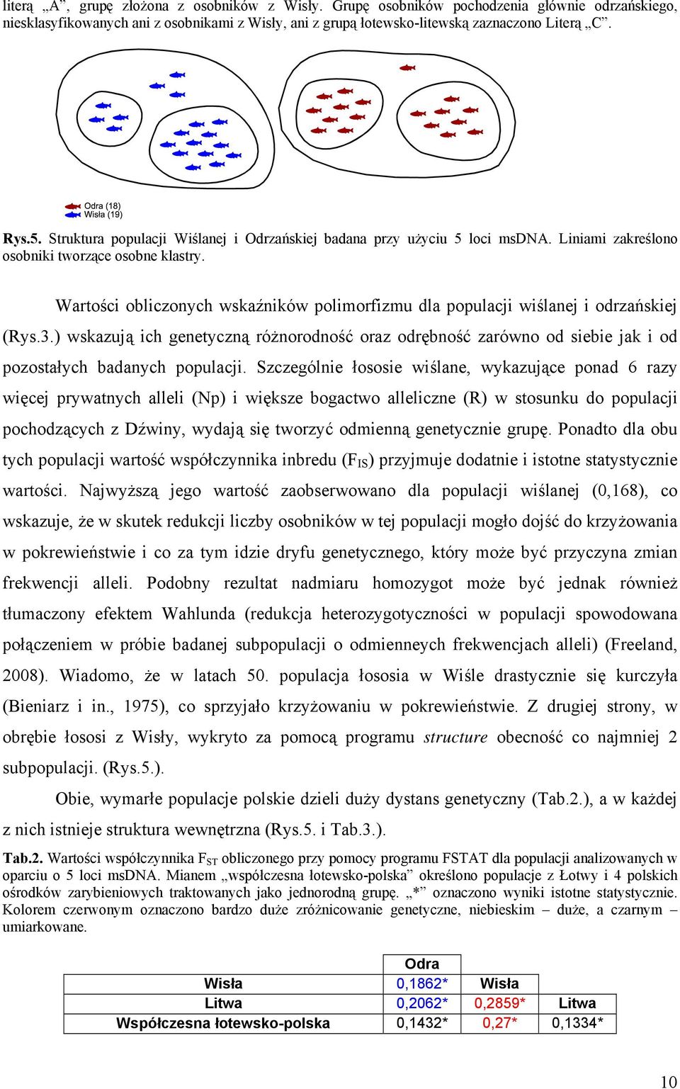 Wartości obliczonych wskaźników polimorfizmu dla populacji wiślanej i odrzańskiej (Rys.3.