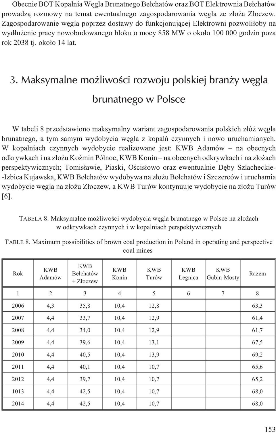 Maksymalne mo liwoœci rozwoju polskiej bran y wêgla brunatnego w Polsce W tabeli 8 przedstawiono maksymalny wariant zagospodarowania polskich z³ó wêgla brunatnego, a tym samym wydobycia wêgla z