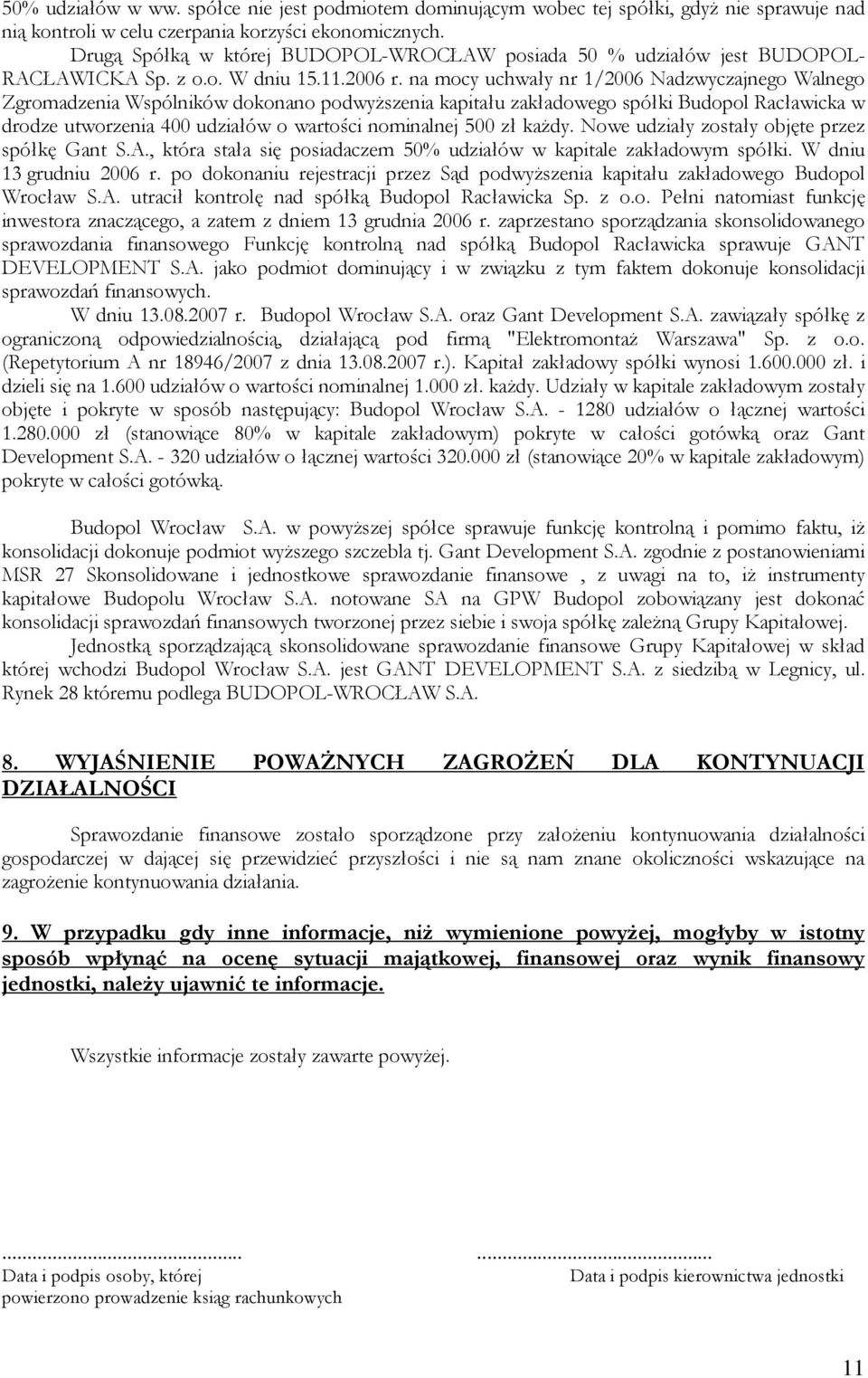 na mocy uchwały nr 1/2006 Nadzwyczajnego Walnego Zgromadzenia Wspólników dokonano podwyŝszenia kapitału zakładowego spółki Budopol Racławicka w drodze utworzenia 400 udziałów o wartości nominalnej