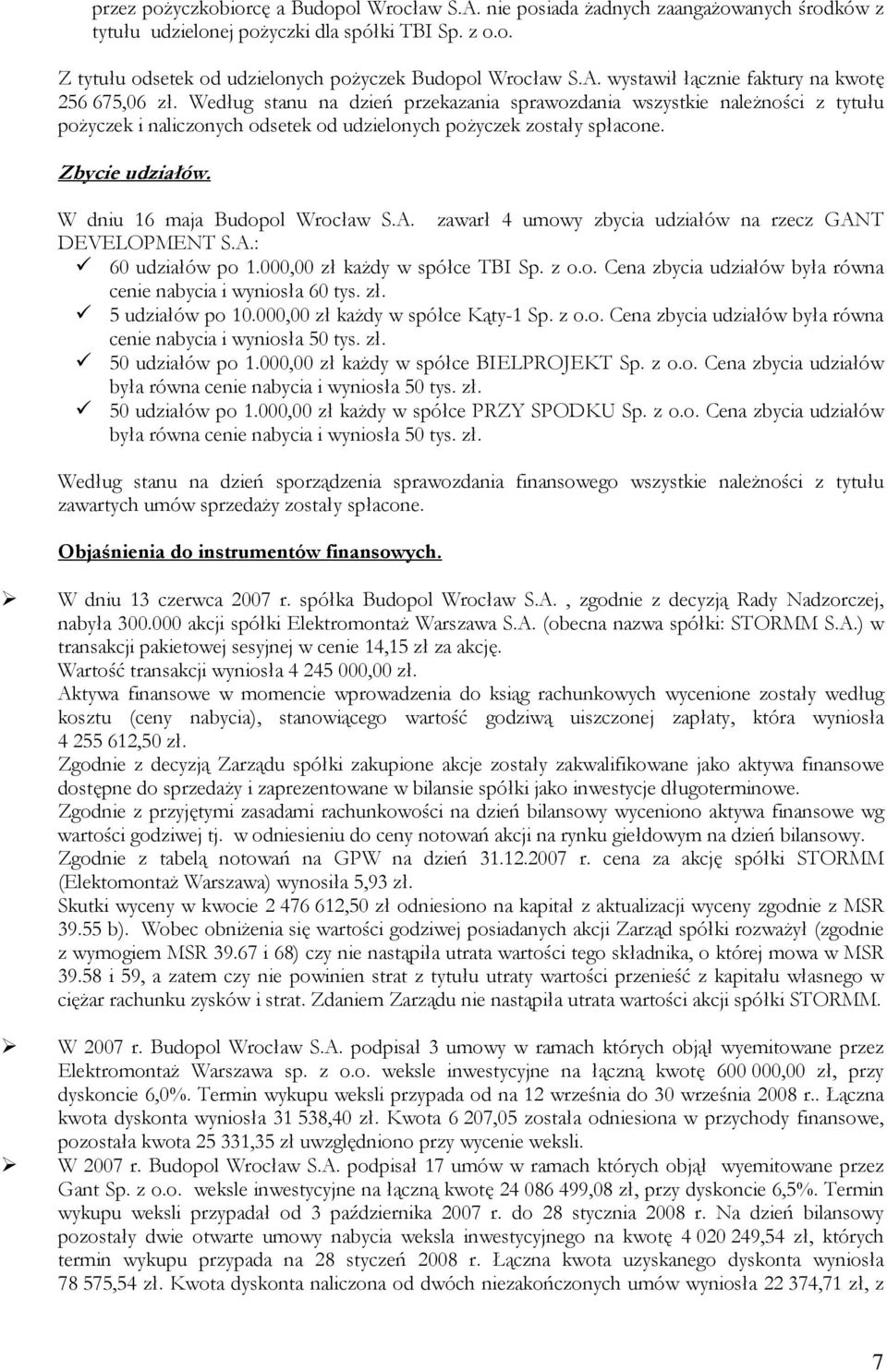 Według stanu na dzień przekazania sprawozdania wszystkie naleŝności z tytułu poŝyczek i naliczonych odsetek od udzielonych poŝyczek zostały spłacone. Zbycie udziałów. W dniu 16 maja Budopol Wrocław S.