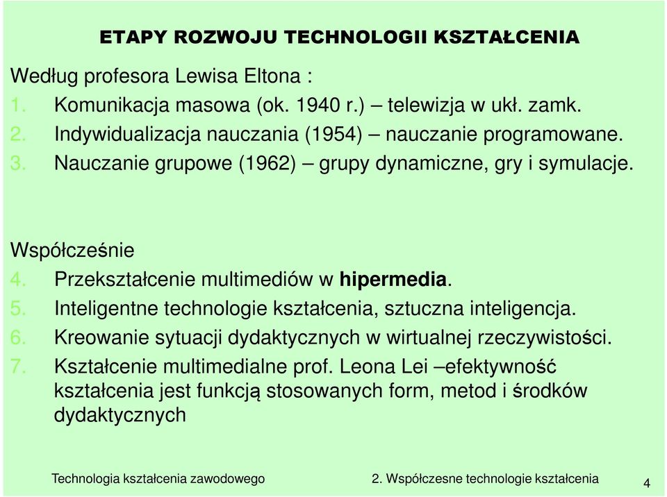 Przekształcenie multimediów w hipermedia. 5. Inteligentne technologie kształcenia, sztuczna inteligencja. 6.