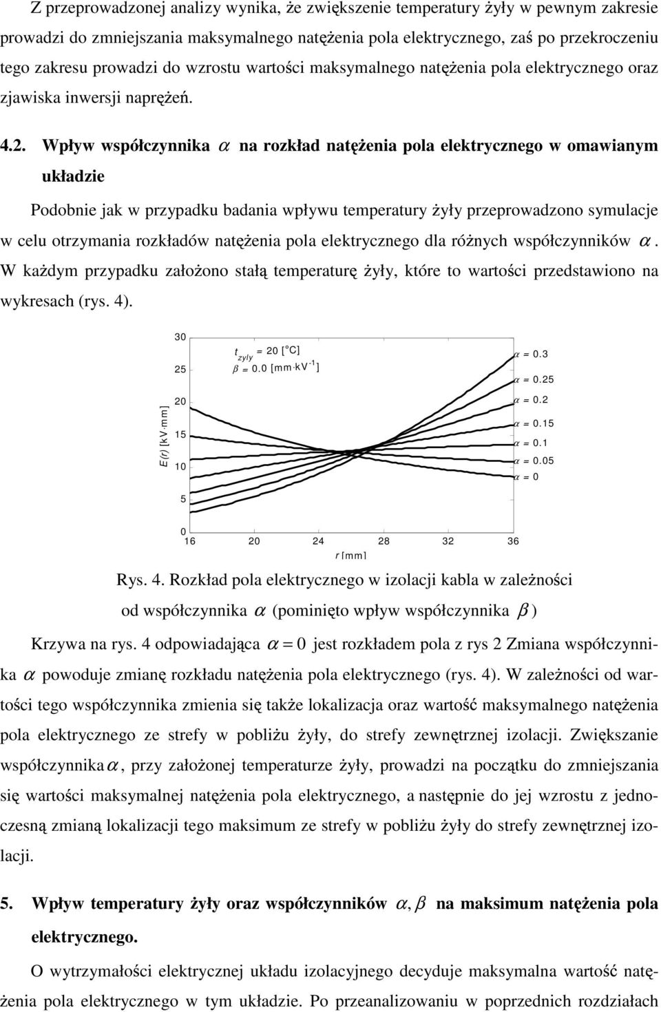 Wpływ współczynnika α na rozkład nat enia pola elektrycznego w omawianym układzie Podobnie jak w przypadku badania wpływu temperatury yły przeprowadzono symulacje w celu otrzymania rozkładów nat enia