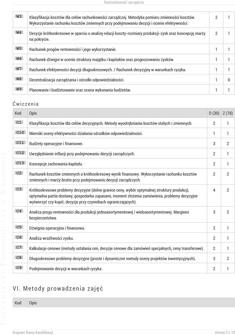1 1 W6 Rachunek dźwigni w ocenie struktury majątku i kapitałów oraz prognozowaniu zysków. 1 1 W7 Rachunek efektywności decyzji długookresowych. / Rachunek decyzyjny w warunkach ryzyka.