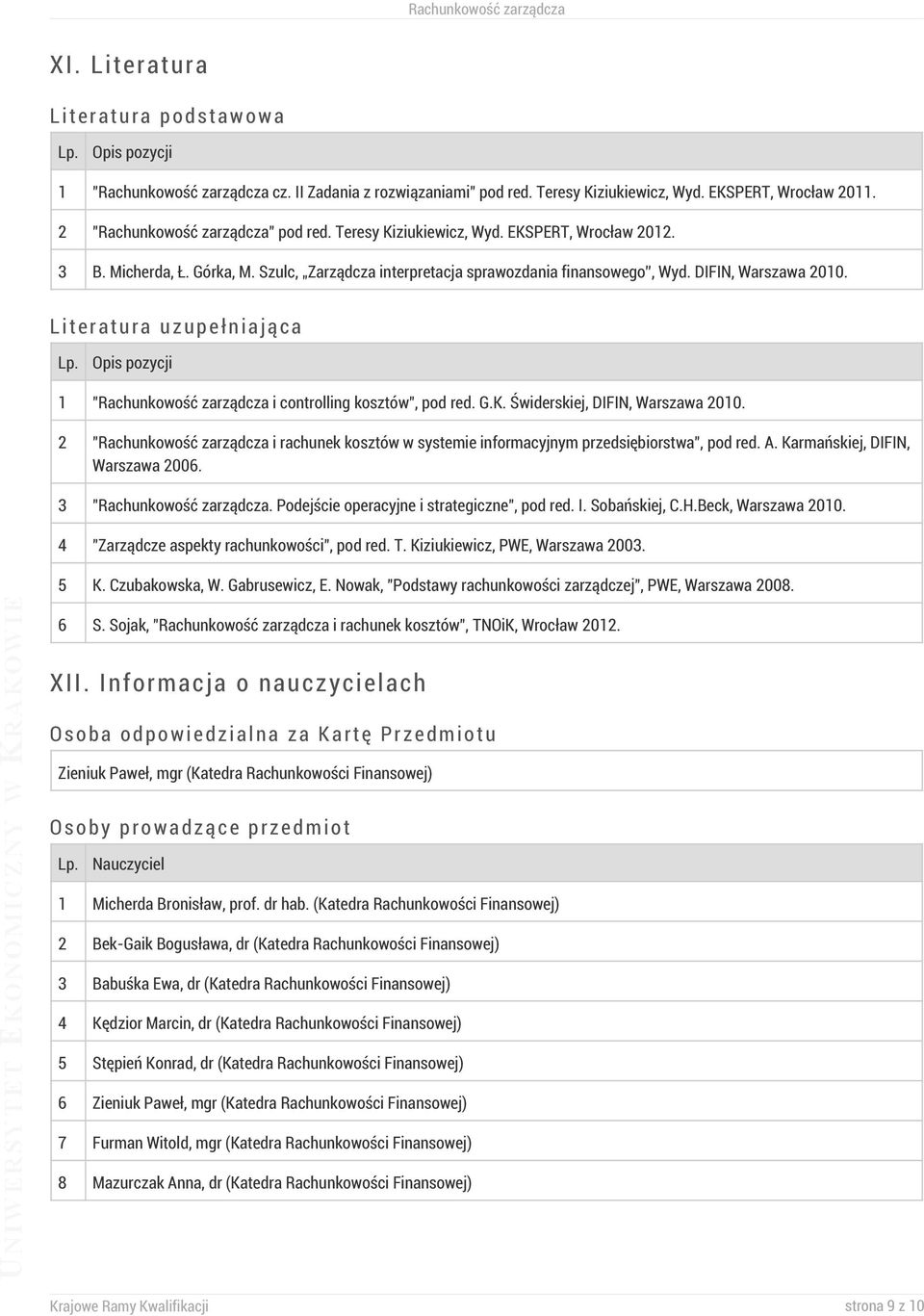 Literatura uzupełniająca Lp. Opis pozycji 1 "Rachunkowość zarządcza i controlling kosztów", pod red. G.K. Świderskiej, DIFIN, Warszawa 2010.
