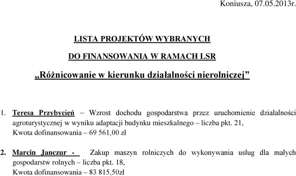 w wyniku adaptacji budynku mieszkalnego liczba pkt. 21, Kwota dofinansowania 69 561,00 zł 2.