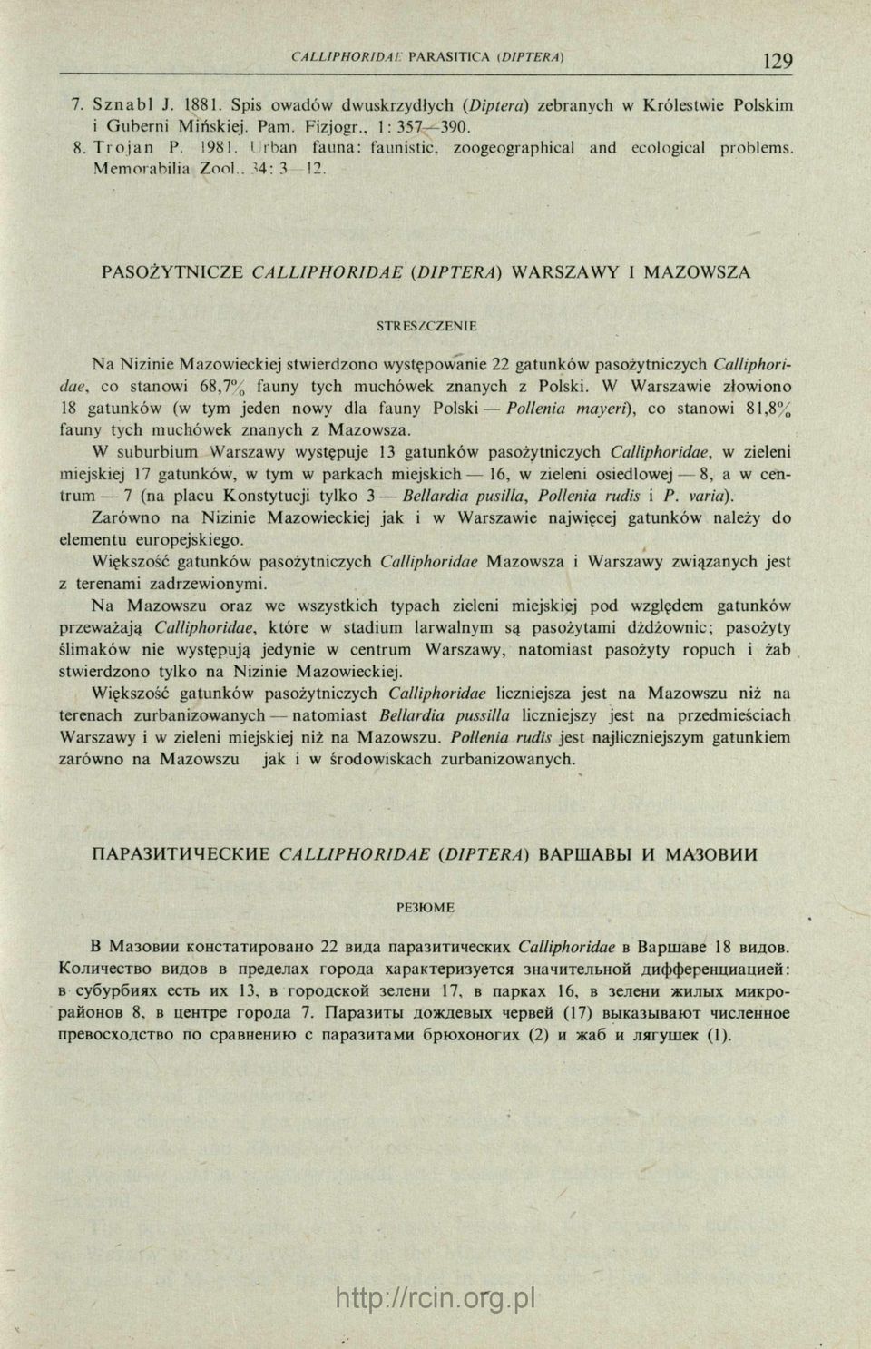 PASO ŻYTN ICZE C A L L IP H O R ID A E (D IPTERA) W ARSZAW Y 1 M AZOW SZA S T R E S Z C Z E N IE N a Nizinie Mazowieckiej stwierdzono występowanie 22 gatunków pasożytniczych Calliphori dae, co
