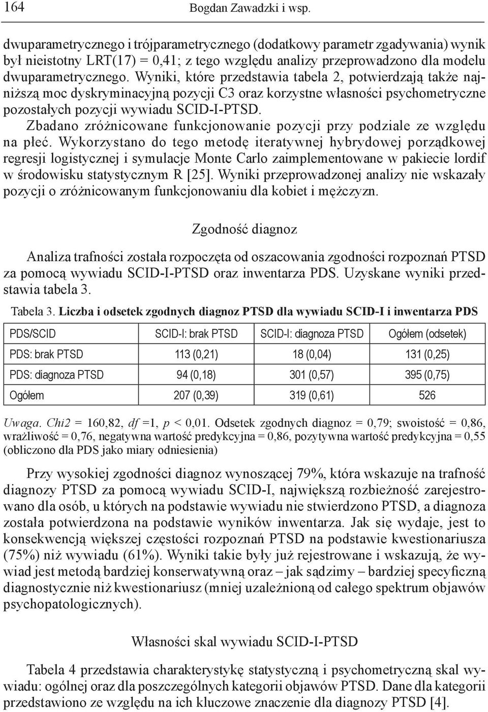 Wyniki, które przedstawia tabela 2, potwierdzają także najniższą moc dyskryminacyjną pozycji C3 oraz korzystne własności psychometryczne pozostałych pozycji wywiadu SCID-I-PTSD.