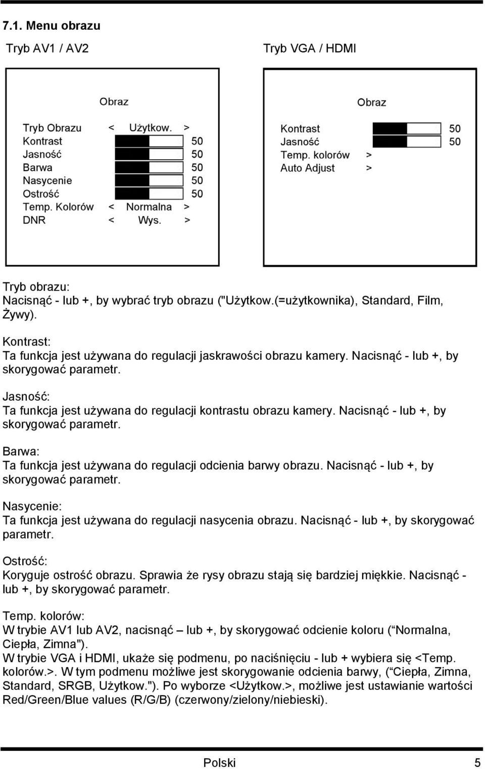 Nacisnąć - lub +, by skorygować parametr. Barwa: Ta funkcja jest używana do regulacji odcienia barwy obrazu. Nacisnąć - lub +, by skorygować parametr.