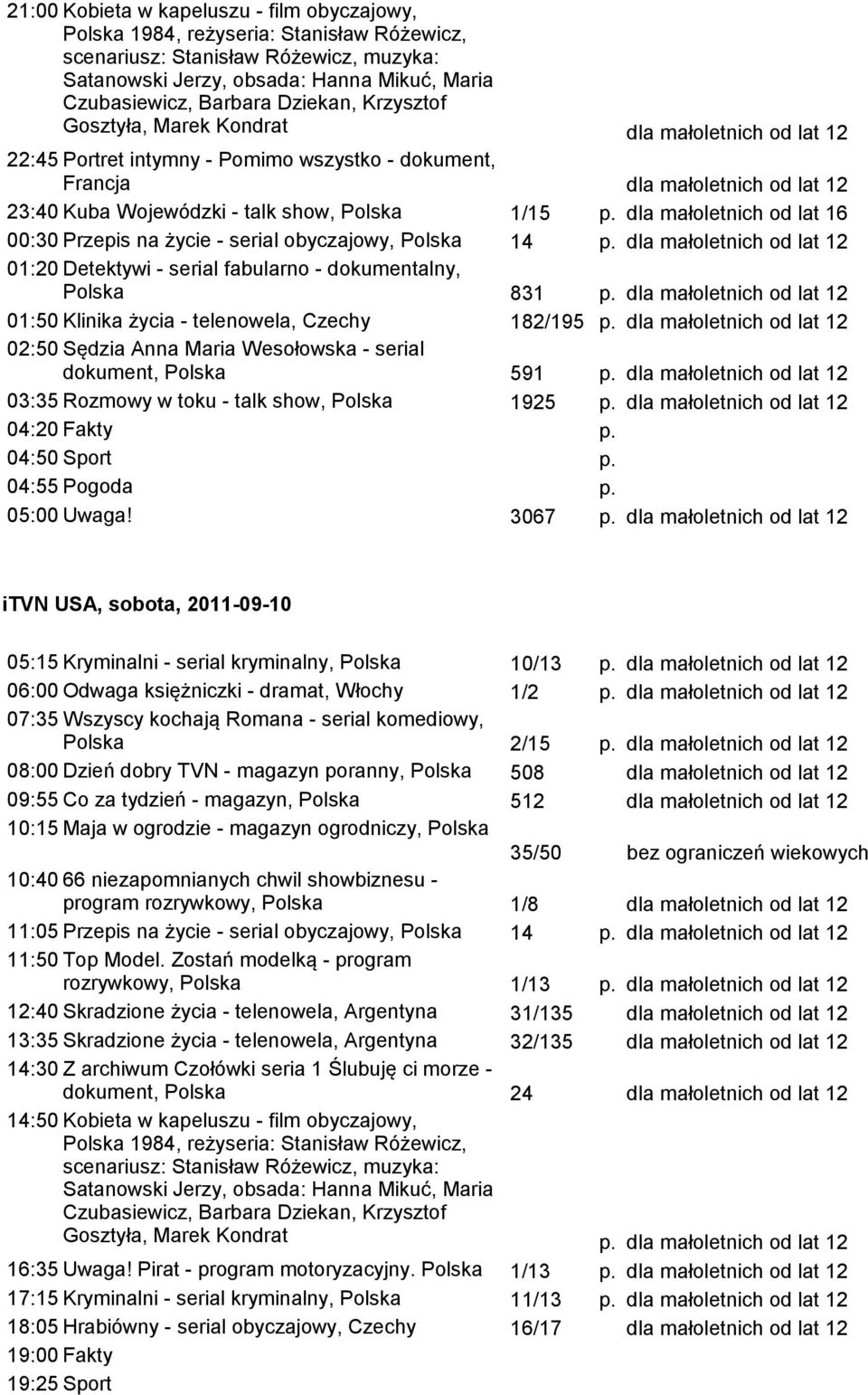 dla małoletnich od lat 16 00:30 Przepis na życie - serial obyczajowy, Polska 14 p. 01:20 Detektywi - serial fabularno - dokumentalny, Polska 831 p. 01:50 Klinika życia - telenowela, Czechy 182/195 p.