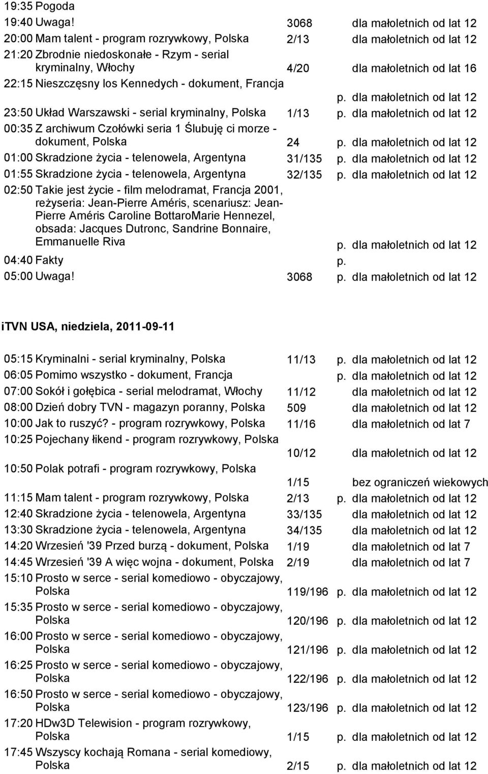 Francja p. 23:50 Układ Warszawski - serial kryminalny, Polska 1/13 p. 00:35 Z archiwum Czołówki seria 1 Ślubuję ci morze - dokument, Polska 24 p.