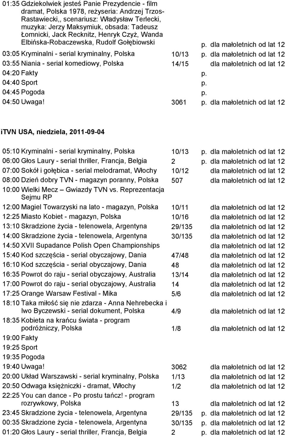 04:45 Pogoda p. 04:50 Uwaga! 3061 p. itvn USA, niedziela, 2011-09-04 05:10 Kryminalni - serial kryminalny, Polska 10/13 p. 06:00 Głos Laury - serial thriller, Francja, Belgia 2 p.