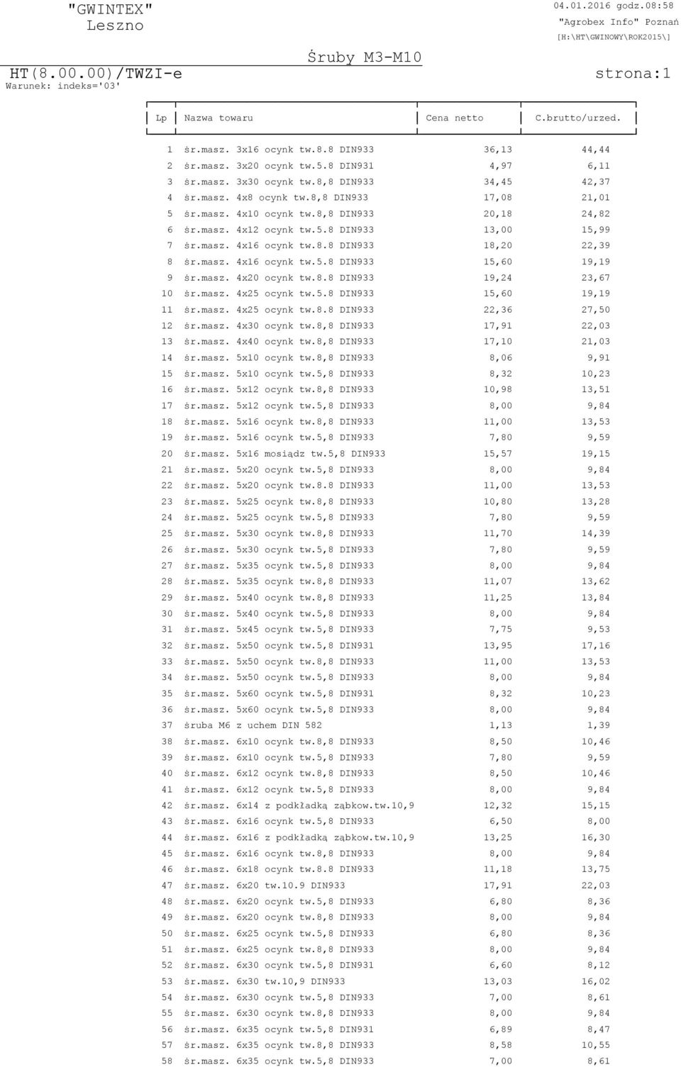 masz. 4x20 ocynk tw.8.8 DIN933 19,24 23,67 10 ÿr.masz. 4x25 ocynk tw.5.8 DIN933 15,60 19,19 11 ÿr.masz. 4x25 ocynk tw.8.8 DIN933 22,36 27,50 12 ÿr.masz. 4x30 ocynk tw.8,8 DIN933 17,91 22,03 13 ÿr.