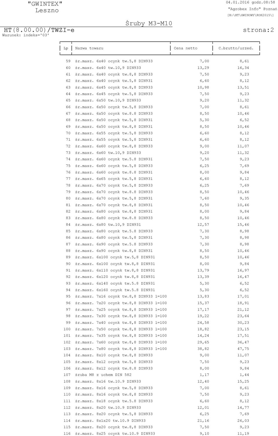 masz. 6x50 ocynk tw.5,8 DIN931 5,30 6,52 69 ÿr.masz. 6x50 ocynk tw.8,8 DIN931 8,50 10,46 70 ÿr.masz. 6x55 ocynk tw.5,8 DIN933 6,60 8,12 71 ÿr.masz. 6x55 ocynk tw.5,8 DIN931 6,60 8,12 72 ÿr.masz. 6x60 ocynk tw.