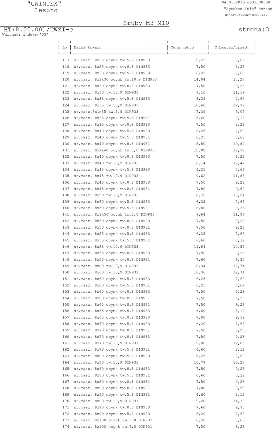 10,9 DIN933 10,40 12,79 125 ÿr.masz.8x1x35 tw.5.8 DIN933 7,39 9,09 126 ÿr.masz. 8x35 ocynk tw.5.8 DIN931 6,60 8,12 127 ÿr.masz. 8x35 ocynk tw.8.8 DIN933 7,50 9,23 128 ÿr.masz. 8x40 ocynk tw.