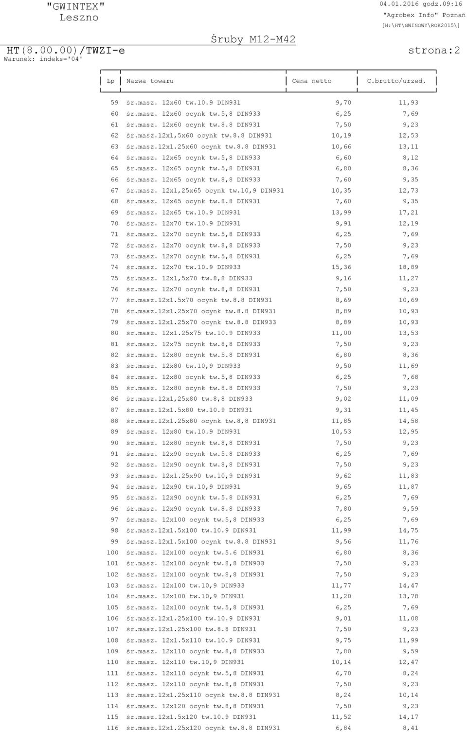 masz. 12x1,25x65 ocynk tw.10,9 DIN931 10,35 12,73 68 پ0 7r.masz. 12x65 ocynk tw.8.8 DIN931 7,60 9,35 69 پ0 7r.masz. 12x65 tw.10.9 DIN931 13,99 17,21 70 پ0 7r.masz. 12x70 tw.10.9 DIN931 9,91 12,19 71 پ0 7r.