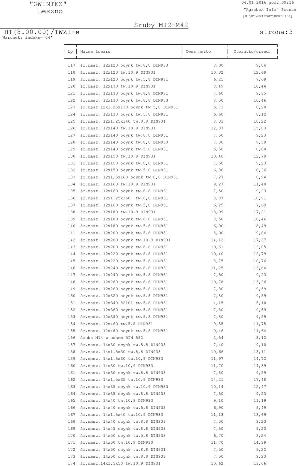 masz. 12x130 ocynk tw.5.8 DIN931 6,60 8,12 125 پ0 7r.masz. 12x1,25x140 tw.8.8 DIN931 8,31 10,22 126 پ0 7r.masz. 12x140 tw.10,9 DIN931 12,87 15,83 127 پ0 7r.masz. 12x140 ocynk tw.8.8 DIN931 7,50 9,23 128 پ0 7r.
