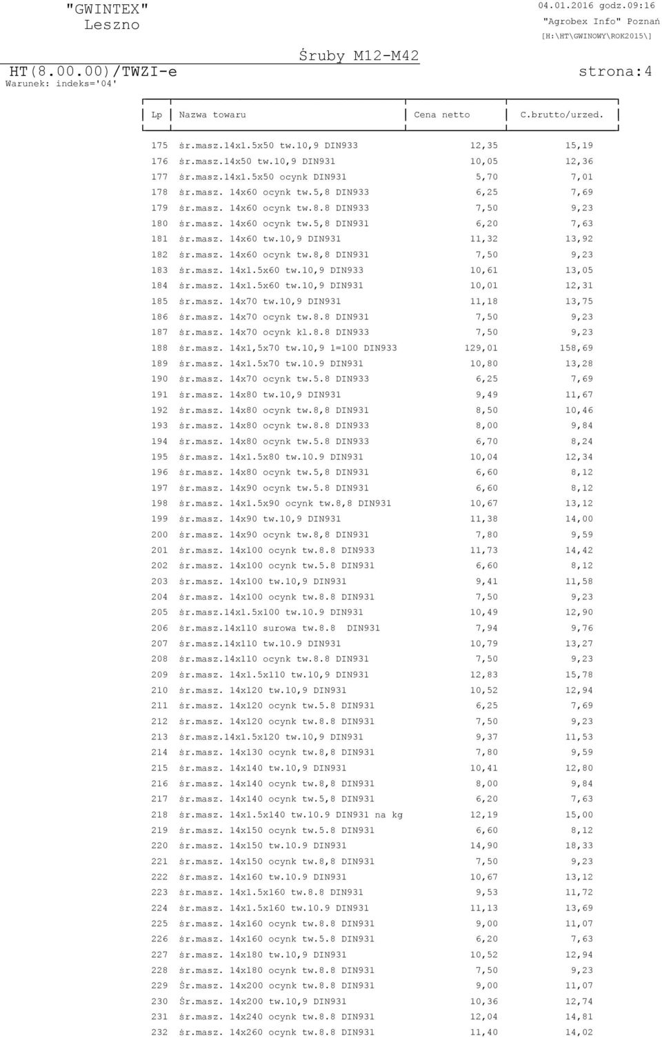 masz. 14x1.5x60 tw.10,9 DIN933 10,61 13,05 184 پ0 7r.masz. 14x1.5x60 tw.10,9 DIN931 10,01 12,31 185 پ0 7r.masz. 14x70 tw.10,9 DIN931 11,18 13,75 186 پ0 7r.masz. 14x70 ocynk tw.8.8 DIN931 7,50 9,23 187 پ0 7r.