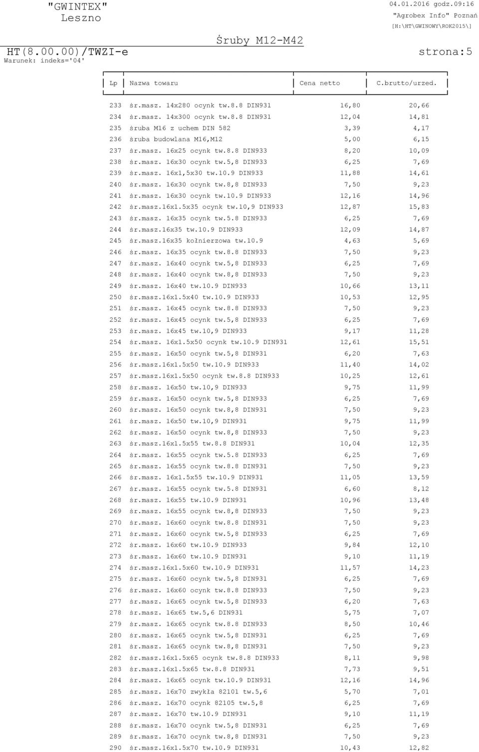 masz. 16x30 ocynk tw.10.9 DIN933 12,16 14,96 242 پ0 7r.masz.16x1.5x35 ocynk tw.10,9 DIN933 12,87 15,83 243 پ0 7r.masz. 16x35 ocynk tw.5.8 DIN933 6,25 7,69 244 پ0 7r.masz.16x35 tw.10.9 DIN933 12,09 14,87 245 پ0 7r.