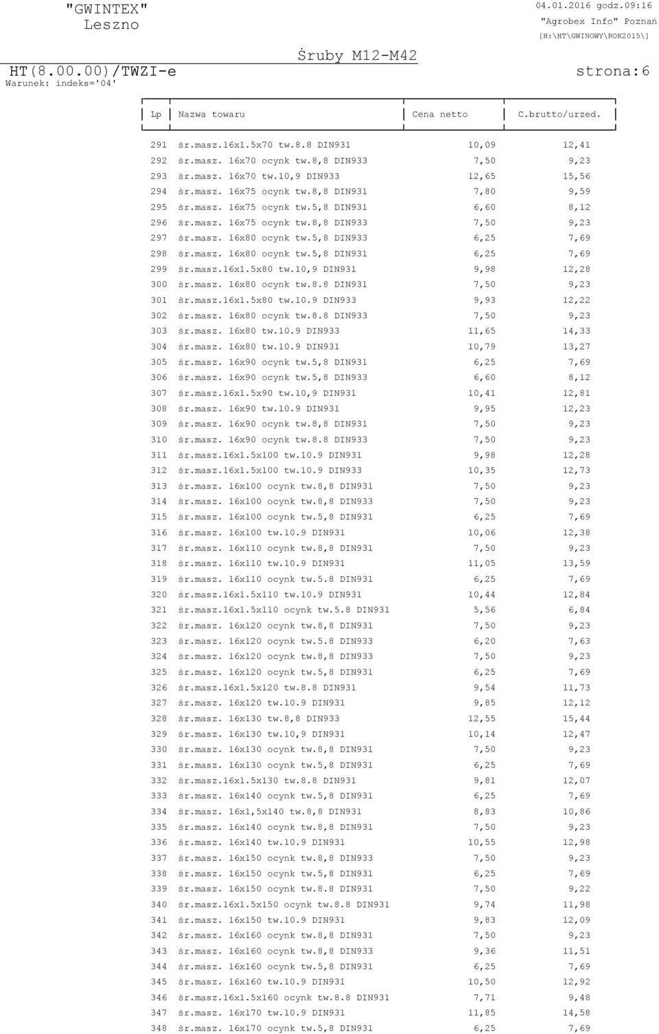 masz.16x1.5x80 tw.10,9 DIN931 9,98 12,28 300 پ0 7r.masz. 16x80 ocynk tw.8.8 DIN931 7,50 9,23 301 پ0 7r.masz.16x1.5x80 tw.10.9 DIN933 9,93 12,22 302 پ0 7r.masz. 16x80 ocynk tw.8.8 DIN933 7,50 9,23 303 پ0 7r.
