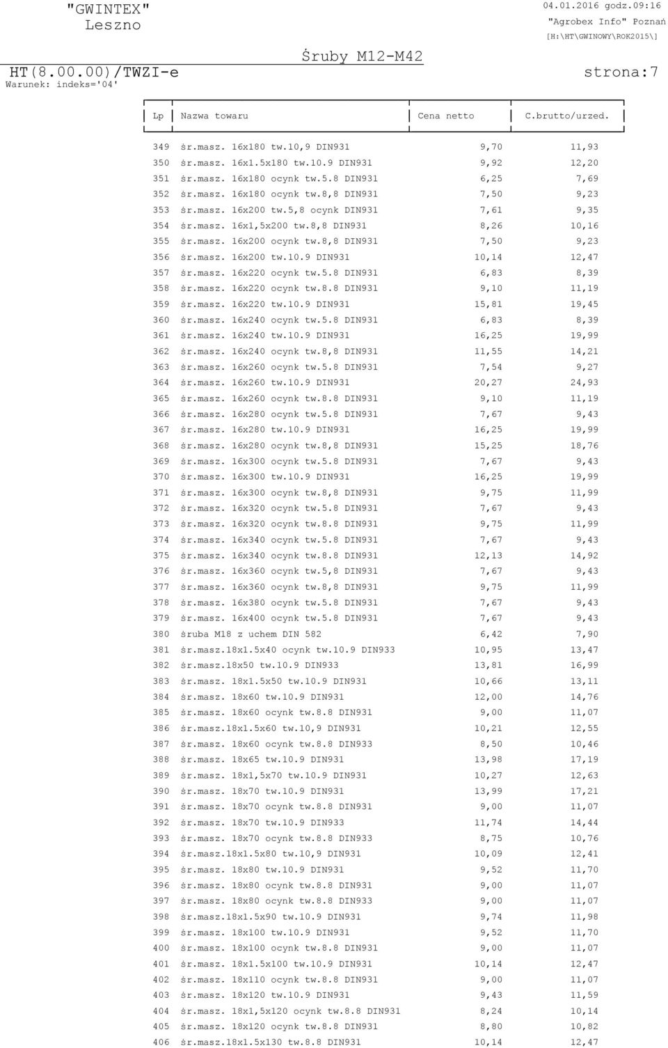 masz. 16x220 ocynk tw.5.8 DIN931 6,83 8,39 358 پ0 7r.masz. 16x220 ocynk tw.8.8 DIN931 9,10 11,19 359 پ0 7r.masz. 16x220 tw.10.9 DIN931 15,81 19,45 360 پ0 7r.masz. 16x240 ocynk tw.5.8 DIN931 6,83 8,39 361 پ0 7r.