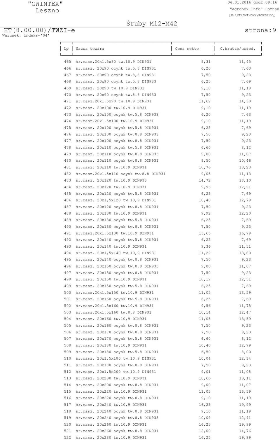 masz. 20x100 ocynk tw.5,8 DIN933 6,20 7,63 474 پ0 7r.masz.20x1.5x100 tw.10.9 DIN931 9,10 11,19 475 پ0 7r.masz. 20x100 ocynk tw.5,8 DIN931 6,25 7,69 476 پ0 7r.masz. 20x100 ocynk tw.8,8 DIN933 7,50 9,23 477 پ0 7r.