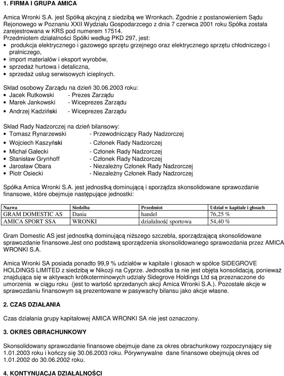 Przedmiotem działalnoci Spółki według PKD 297, jest: produkcja elektrycznego i gazowego sprztu grzejnego oraz elektrycznego sprztu chłodniczego i pralniczego, import materiałów i eksport wyrobów,