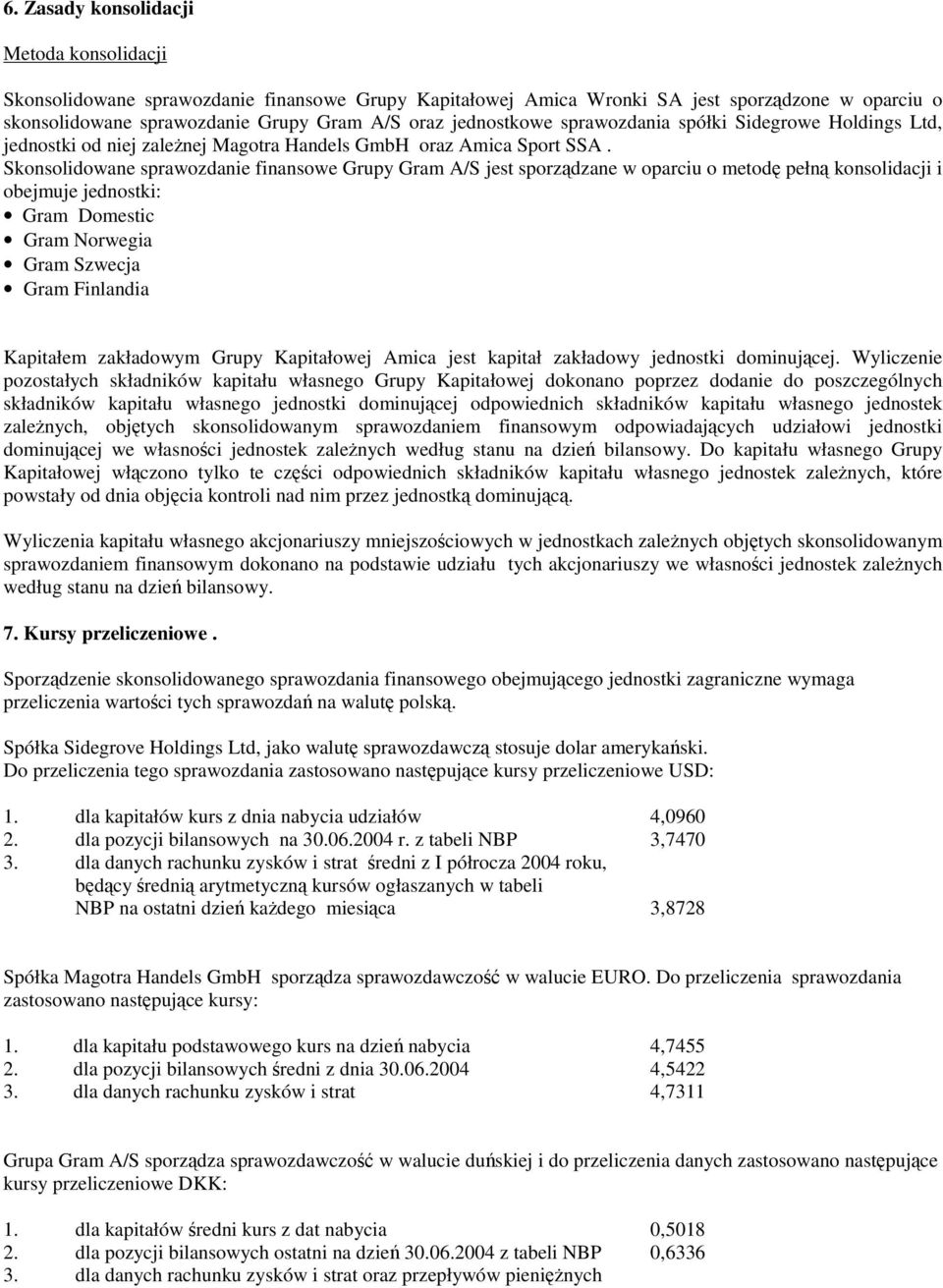 Skonsolidowane sprawozdanie finansowe Grupy Gram A/S jest sporzdzane w oparciu o metod pełn konsolidacji i obejmuje jednostki: Gram Domestic Gram Norwegia Gram Szwecja Gram Finlandia Kapitałem