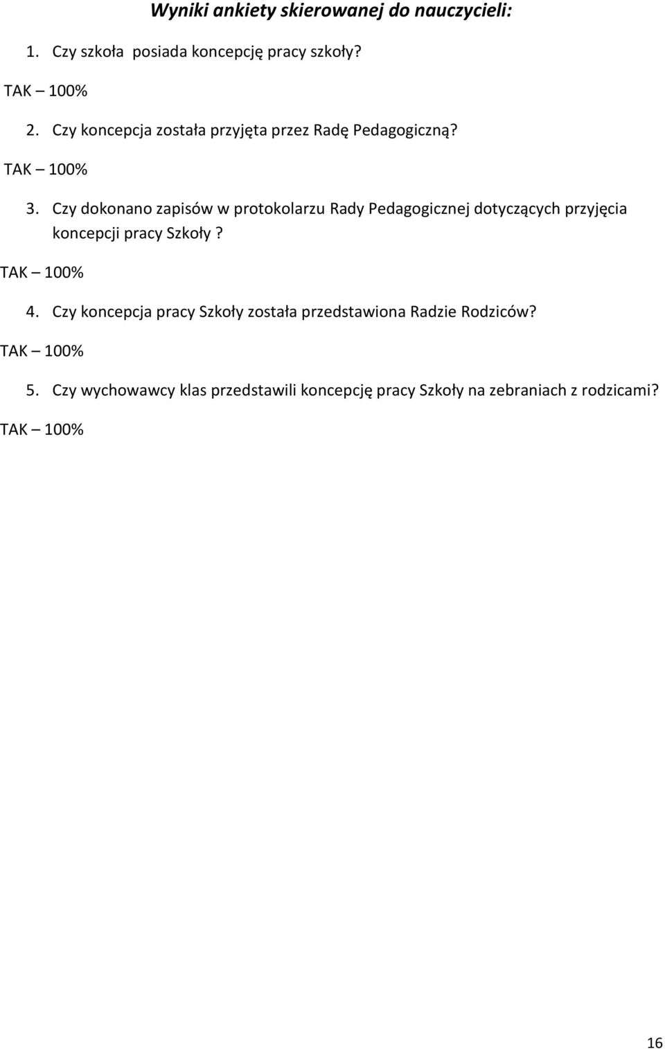 Czy dokonano zapisów w protokolarzu Rady Pedagogicznej dotyczących przyjęcia koncepcji pracy Szkoły? TAK 100% 4.