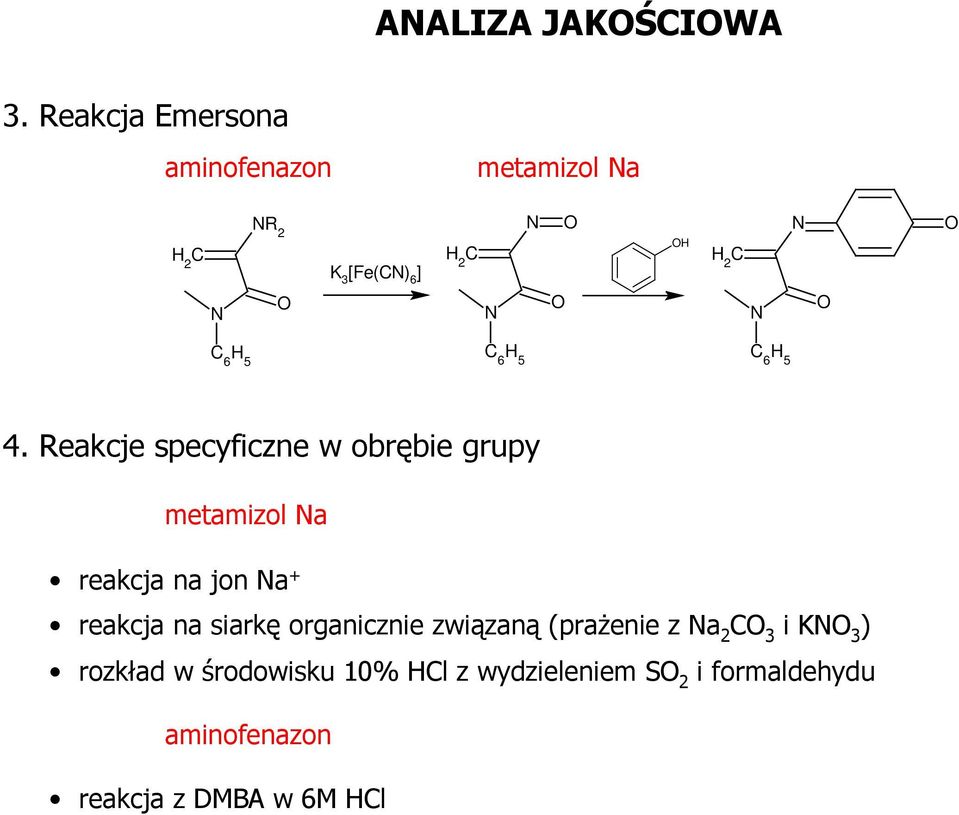 Reakcje specyficzne w obrębie grupy metamizol a reakcja na jon a reakcja na