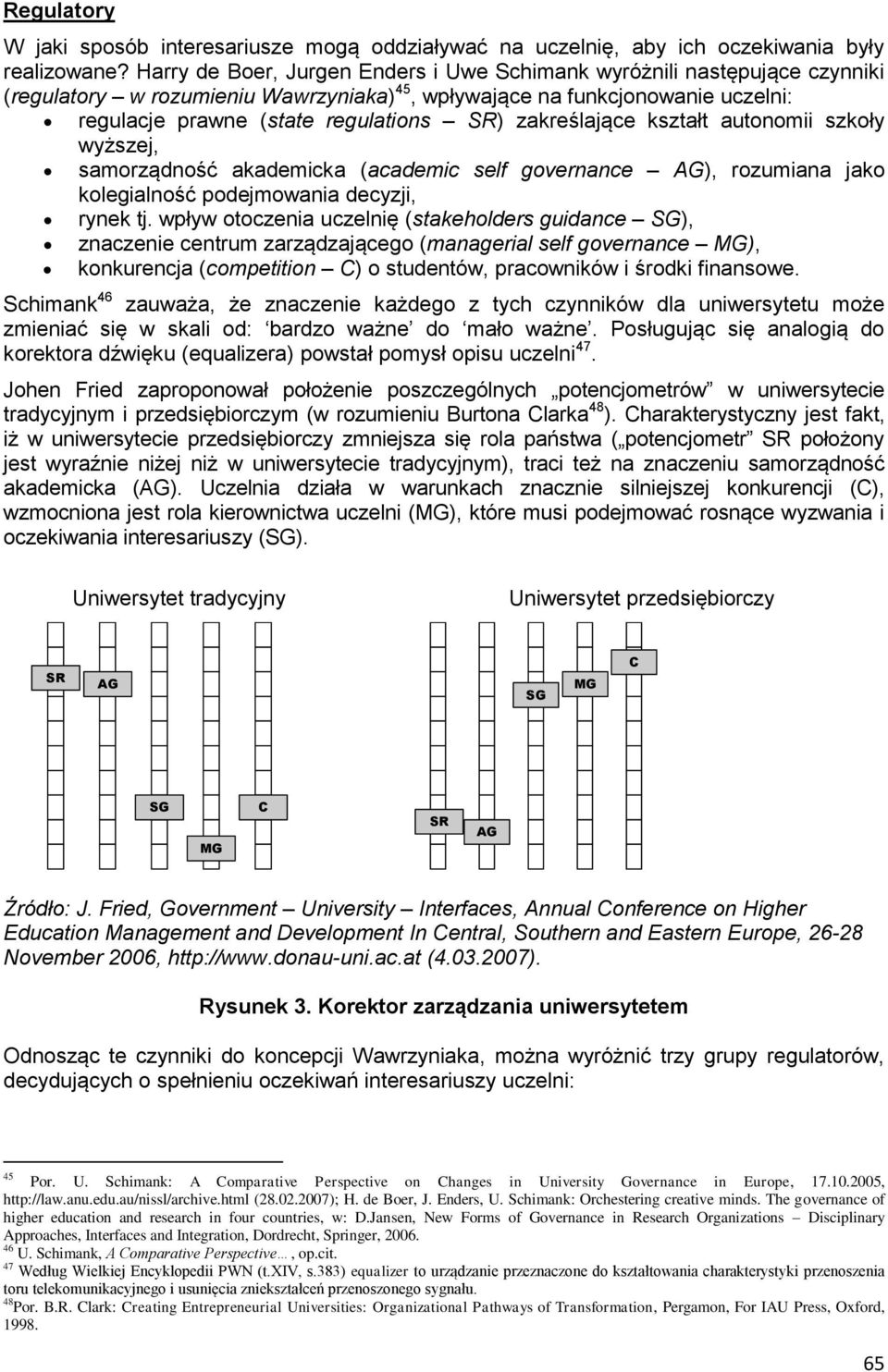 zakreślające kształt autonomii szkoły wyższej, samorządność akademicka (academic self governance AG), rozumiana jako kolegialność podejmowania decyzji, rynek tj.