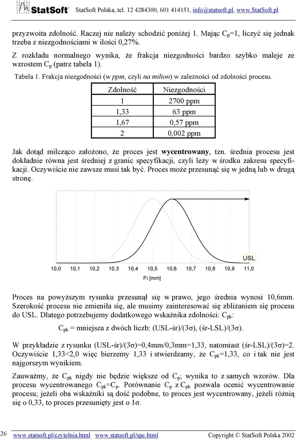 Zdolność Niezgodności 1 2700 ppm 1,33 63 ppm 1,67 0,57 ppm 2 0,002 ppm Jak dotąd milcząco założono, że proces jest wycentrowany, tzn.