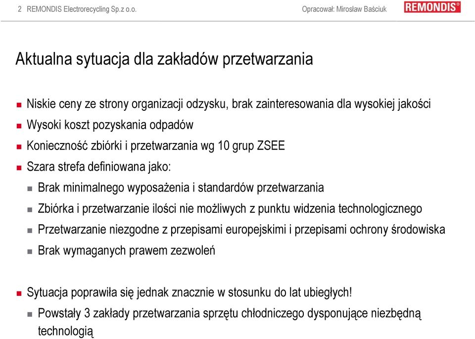 o. Opracował: Mirosław Baściuk Aktualna sytuacja dla zakładów przetwarzania Niskie ceny ze strony organizacji odzysku, brak zainteresowania dla wysokiej jakości Wysoki koszt