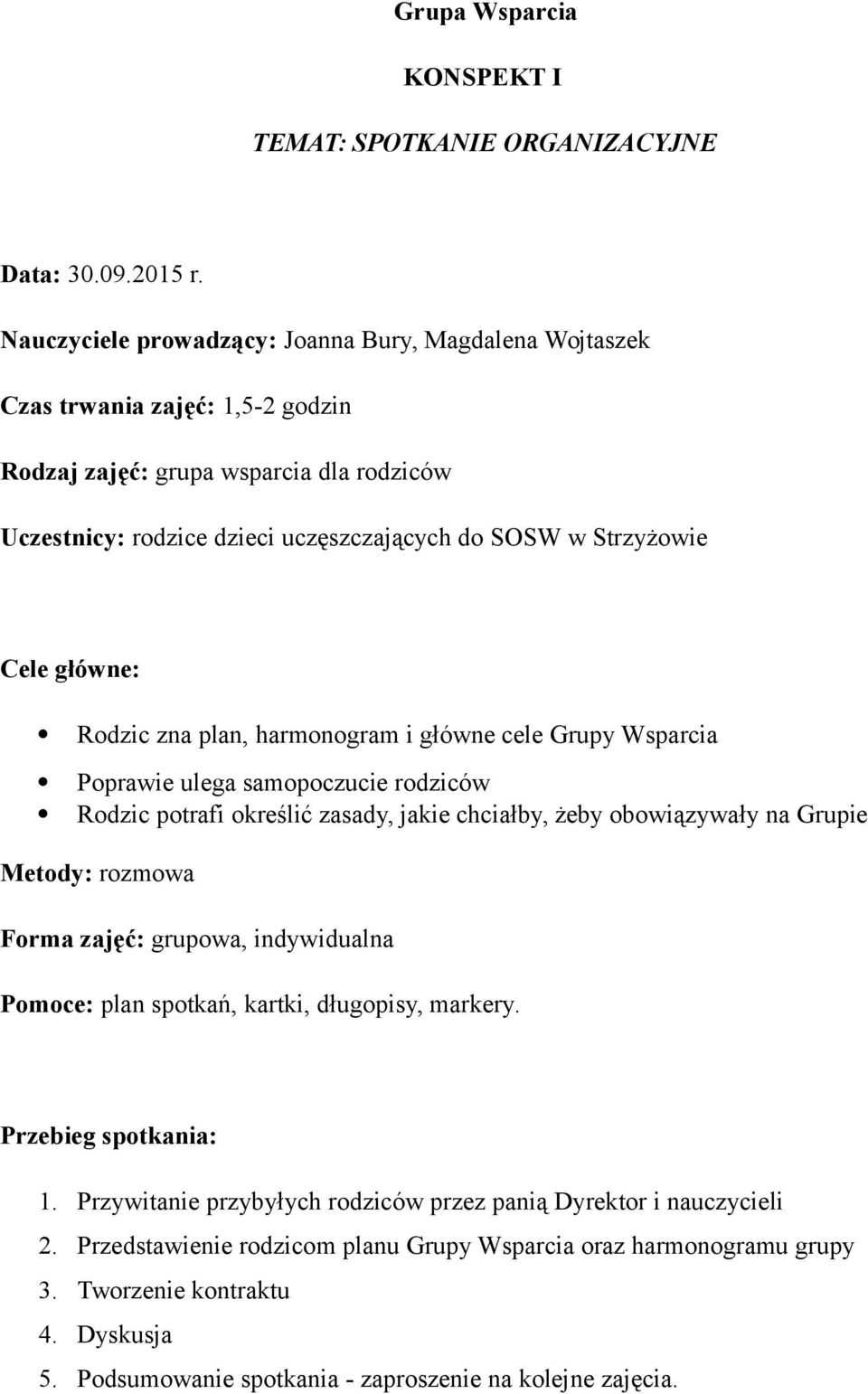 rodziców Rodzic potrafi określić zasady, jakie chciałby, żeby obowiązywały na Grupie Metody: rozmowa Pomoce: plan spotkań, kartki, długopisy, markery.