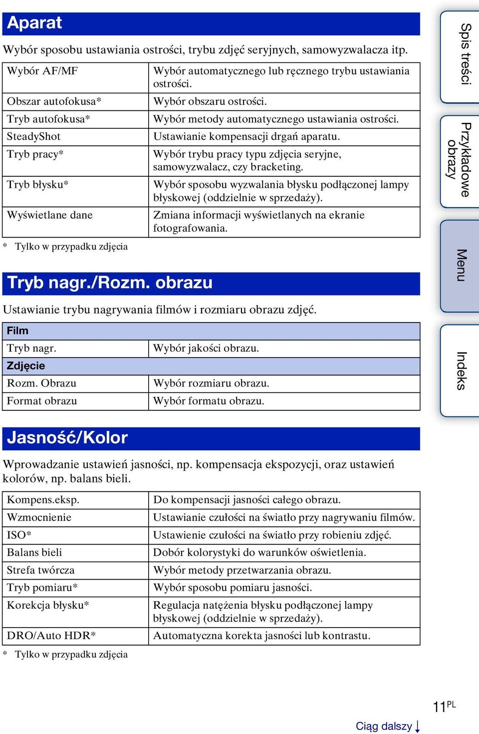 obrazu Wybór automatycznego lub ręcznego trybu ustawiania ostrości. Wybór obszaru ostrości. Wybór metody automatycznego ustawiania ostrości. Ustawianie kompensacji drgań aparatu.