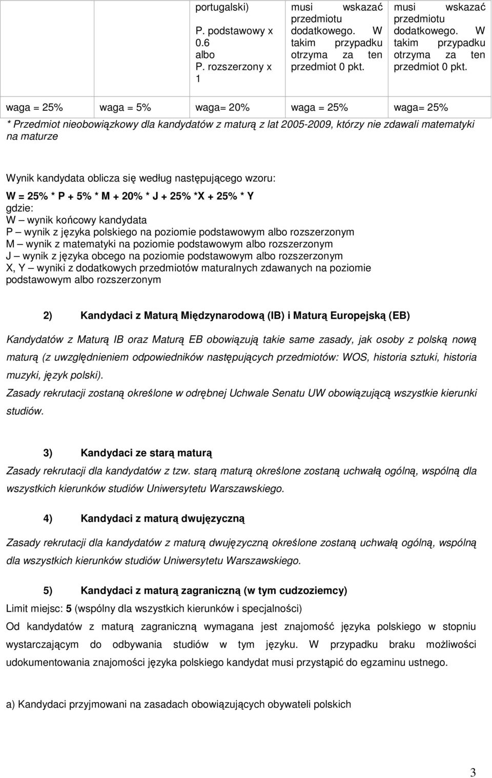 waga = 25% waga = 5% waga= 20% waga = 25% waga= 25% * Przedmiot nieobowiązkowy dla kandydatów z maturą z lat 2005-2009, którzy nie zdawali matematyki na maturze Wynik kandydata oblicza się według