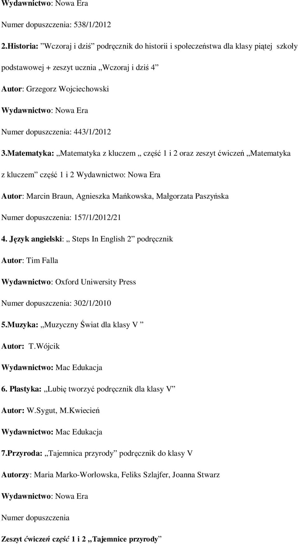 Matematyka: Matematyka z kluczem część 1 i 2 oraz zeszyt ćwiczeń Matematyka z kluczem część 1 i 2 Autor: Marcin Braun, Agnieszka Mańkowska, Małgorzata Paszyńska Numer dopuszczenia: 157/1/2012/21 4.