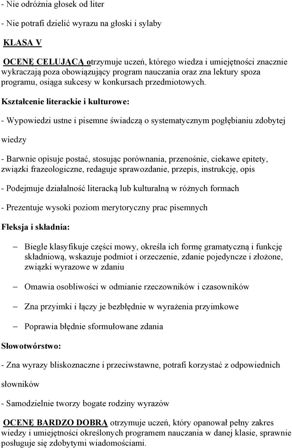 - Wypowiedzi ustne i pisemne świadczą o systematycznym pogłębianiu zdobytej wiedzy - Barwnie opisuje postać, stosując porównania, przenośnie, ciekawe epitety, związki frazeologiczne, redaguje