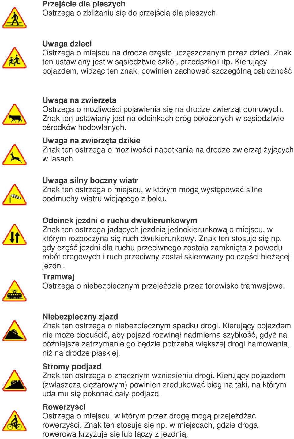 Kierujcy pojazdem, widzc ten znak, powinien zachowa szczególn ostrono Uwaga na zwierzta Ostrzega o moliwoci pojawienia si na drodze zwierzt domowych.