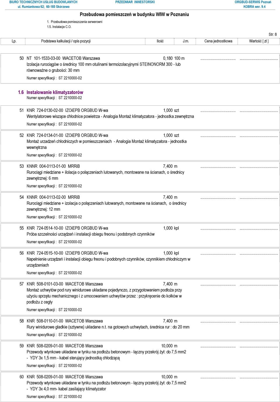 6 Instalowanie klimatyzatorów 51 KNR 724-0130-02-00 IZOiEPB ORGBUD W-wa 1,000 szt.