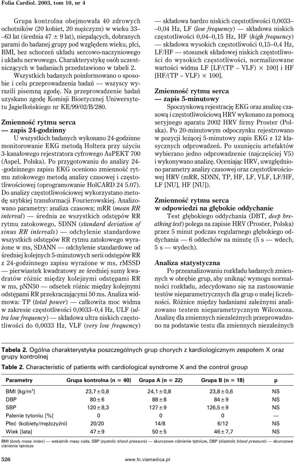 wieku, płci, BMI, bez schorzeń układu sercowo-naczyniowego i układu nerwowego. Charakterystykę osób uczestniczących w badaniach przedstawiono w tabeli 2.