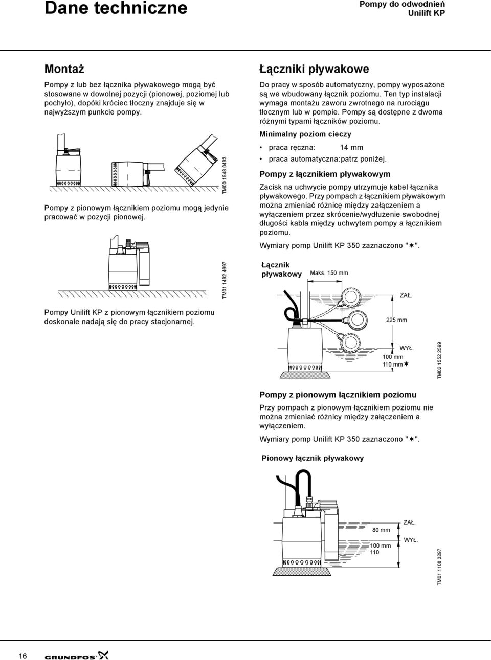 TM00 1548 0493 Łączniki pływakowe Do pracy w sposób automatyczny, pompy wyposażone są we wbudowany łącznik poziomu.