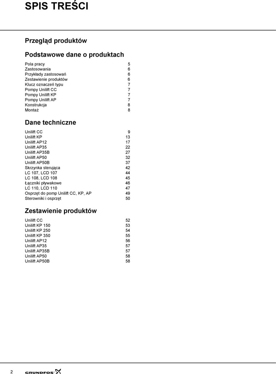 Unilift AP50B 37 Skrzynka sterująca 42 LC 107, LCD 107 44 LC 108, LCD 108 45 Łączniki pływakowe 46 LC 110, LCD 110 47 Osprzęt do pomp Unilift CC, KP, AP 49 Sterowniki i