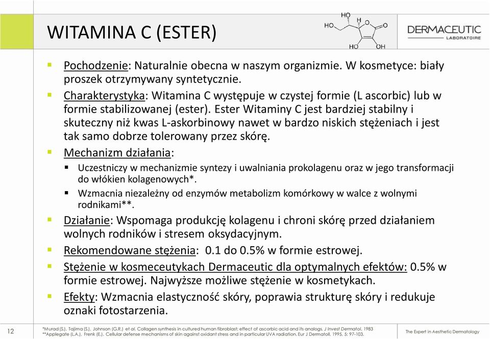 Ester Witaminy C jest bardziej stabilny i skuteczny niż kwas L-askorbinowy nawet w bardzo niskich stężeniach i jest tak samo dobrze tolerowany przez skórę.