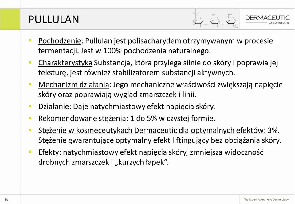 Mechanizm działania: Jego mechaniczne właściwości zwiększają napięcie skóry oraz poprawiają wygląd zmarszczek i linii. Działanie: Daje natychmiastowy efekt napięcia skóry.
